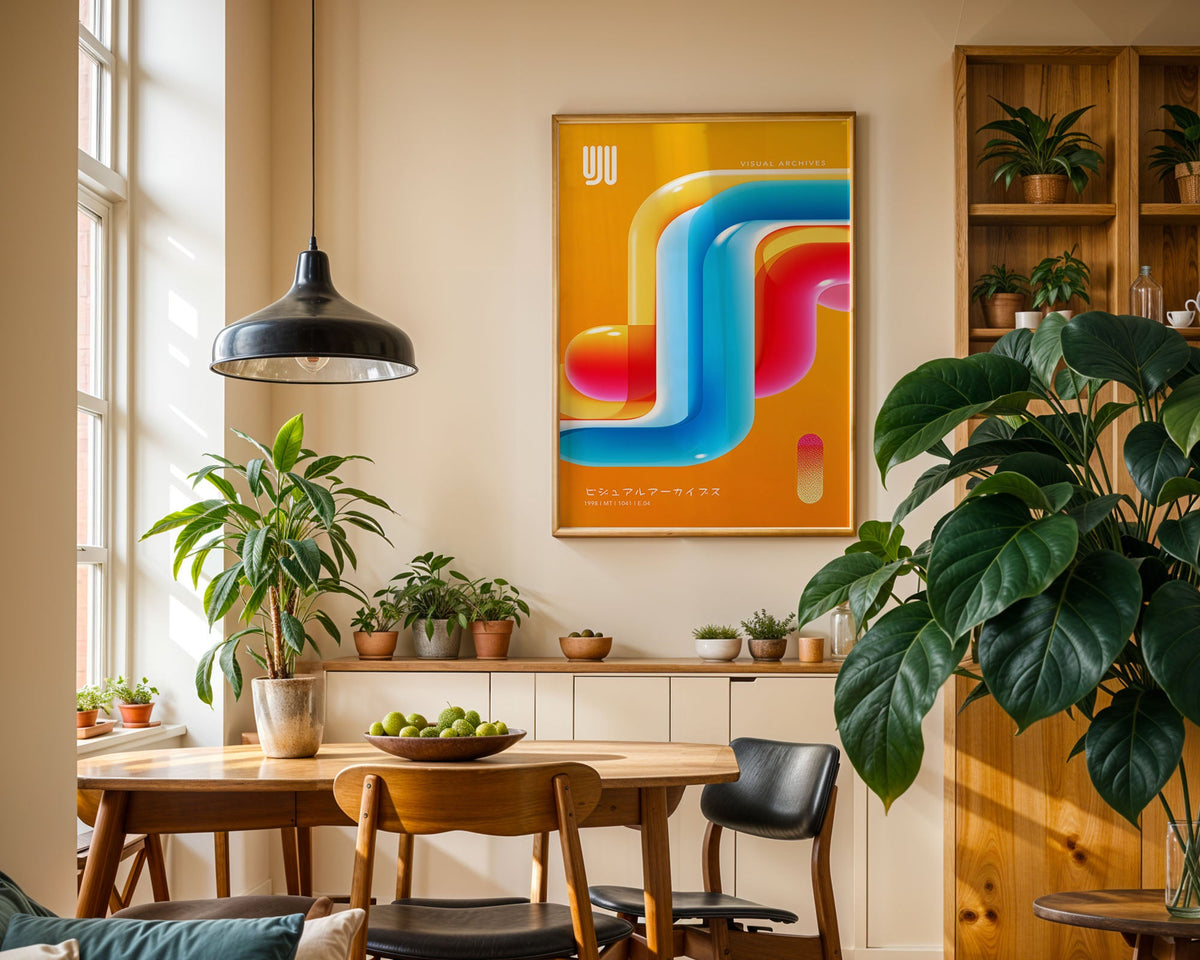 Neon abstract print displayed in a plant-filled dining room