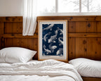 Japanese koi fish print displayed against a wooden bed