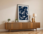 Japanese koi fish print styled above a wooden sideboard