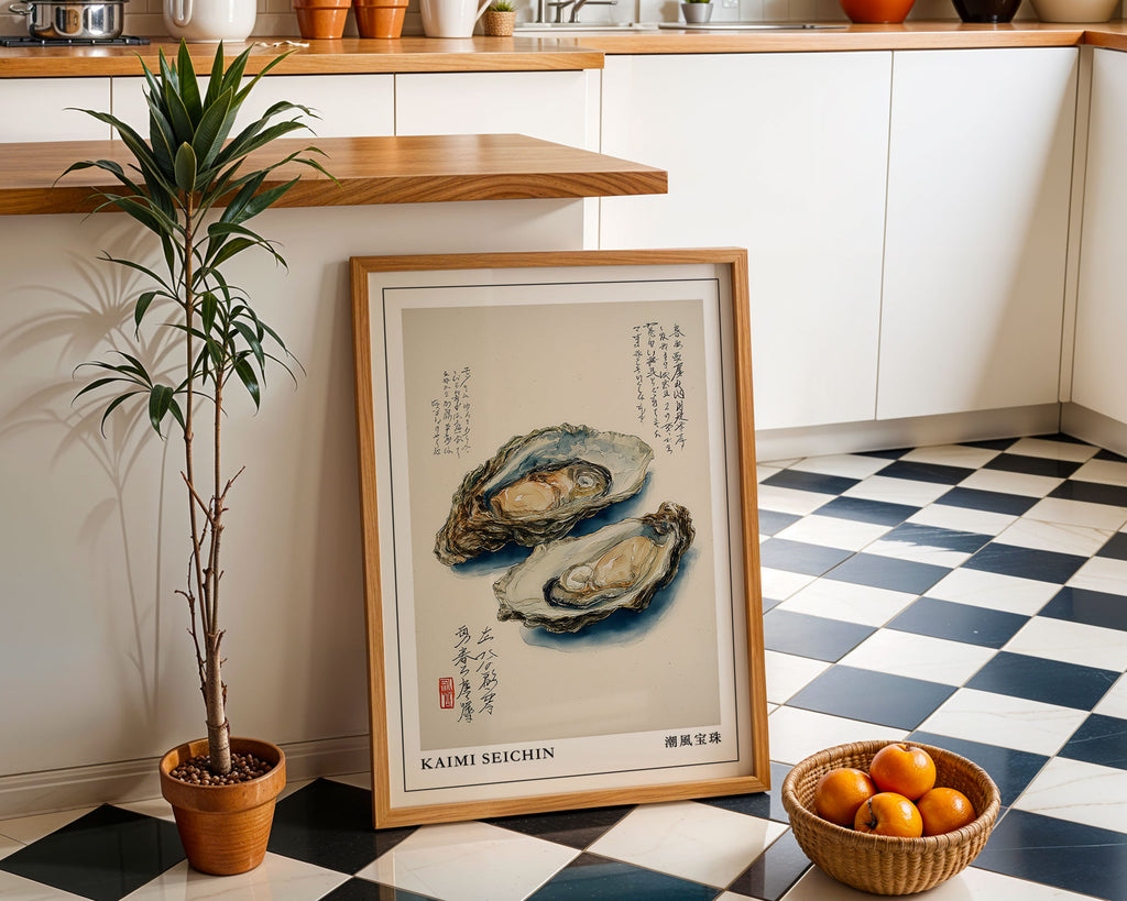 Japanese Oyster Print: Coastal Kitchen Japandi Wall Art