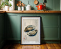 Japanese oyster Japandi art print framed on a coastal kitchen wall