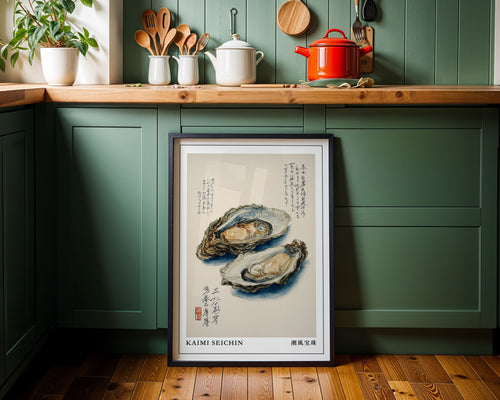 Japanese oyster Japandi art print framed on a coastal kitchen wall