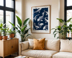 Japanese koi fish wall art in a bright living room with plants