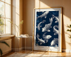 Japanese koi fish print leaning in a sunlit room