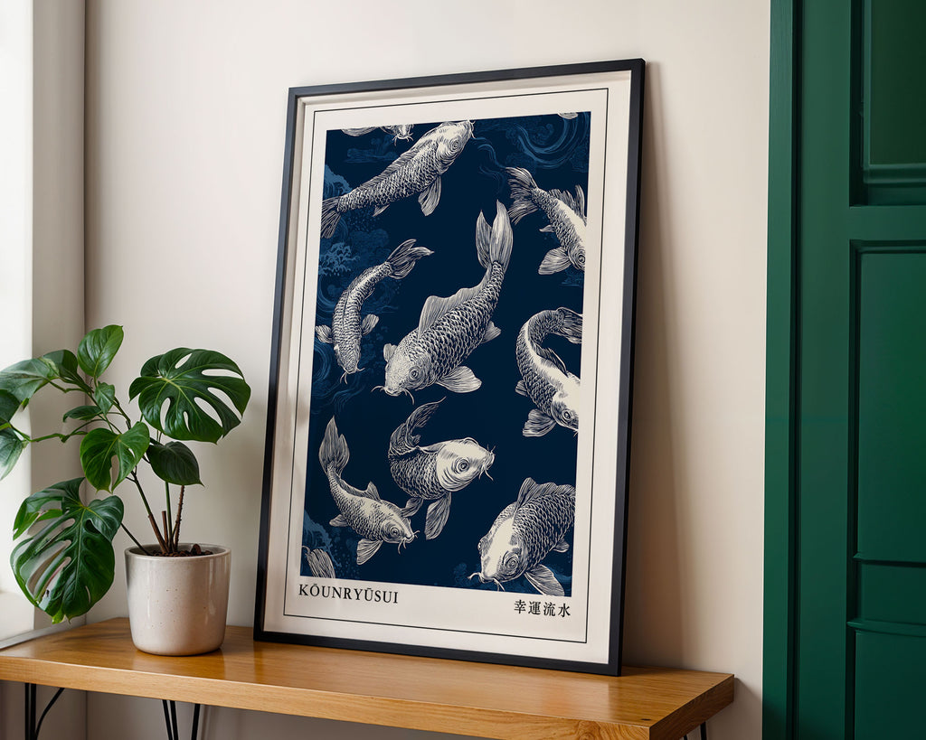 Japanese koi fish print in navy indigo framed on a wall