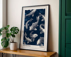 Japanese koi fish print in navy indigo framed on a wall