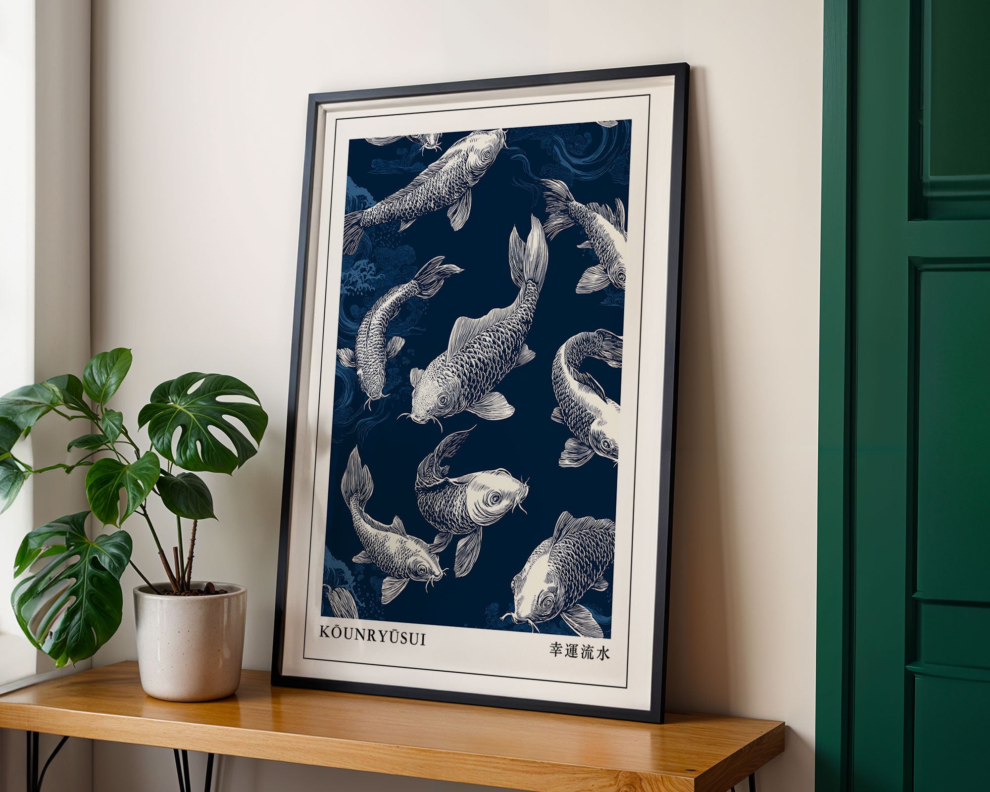 Japanese koi fish print in navy indigo framed on a wall