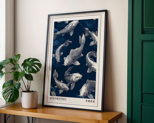 Japanese koi fish print in navy indigo framed on a wall
