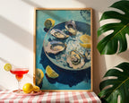 Oyster still life with lemon coastal art print framed on a kitchen wall
