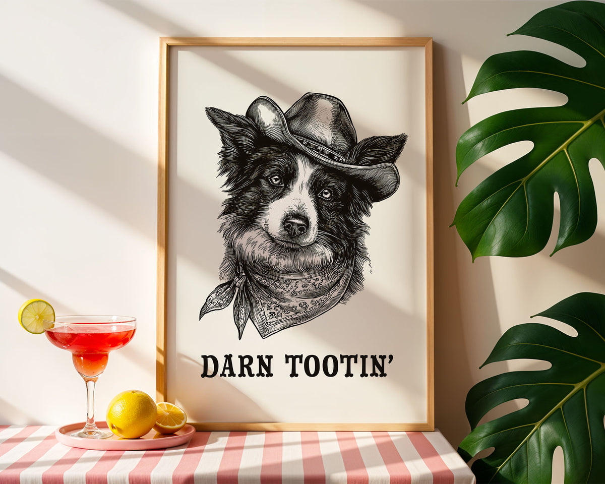 Cowboy Dog Print displayed above furniture, printable wall art