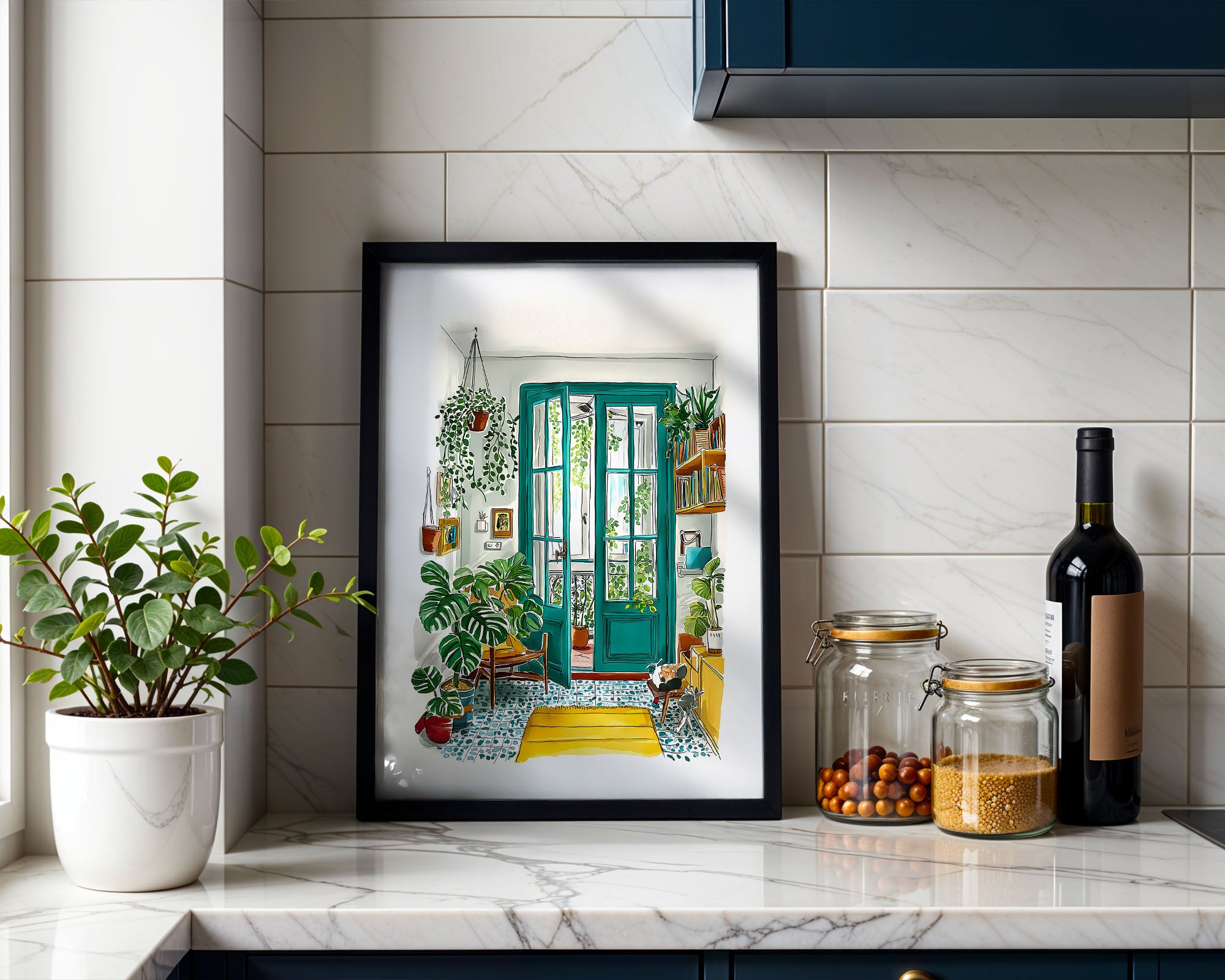Cozy Greenhouse Print print shown at an angle to display the matte paper finish