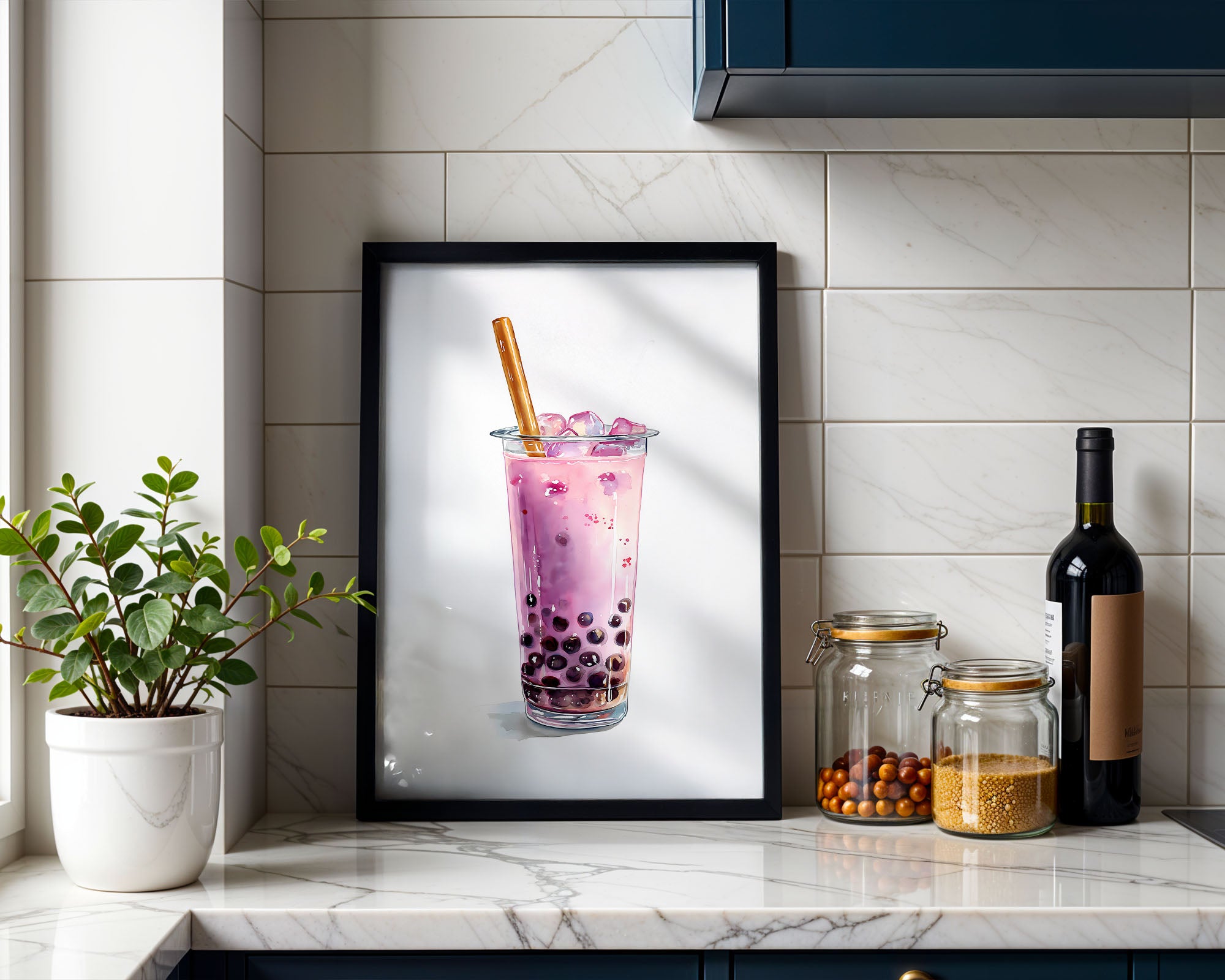 Boba Tea Print displayed above furniture, printable wall art