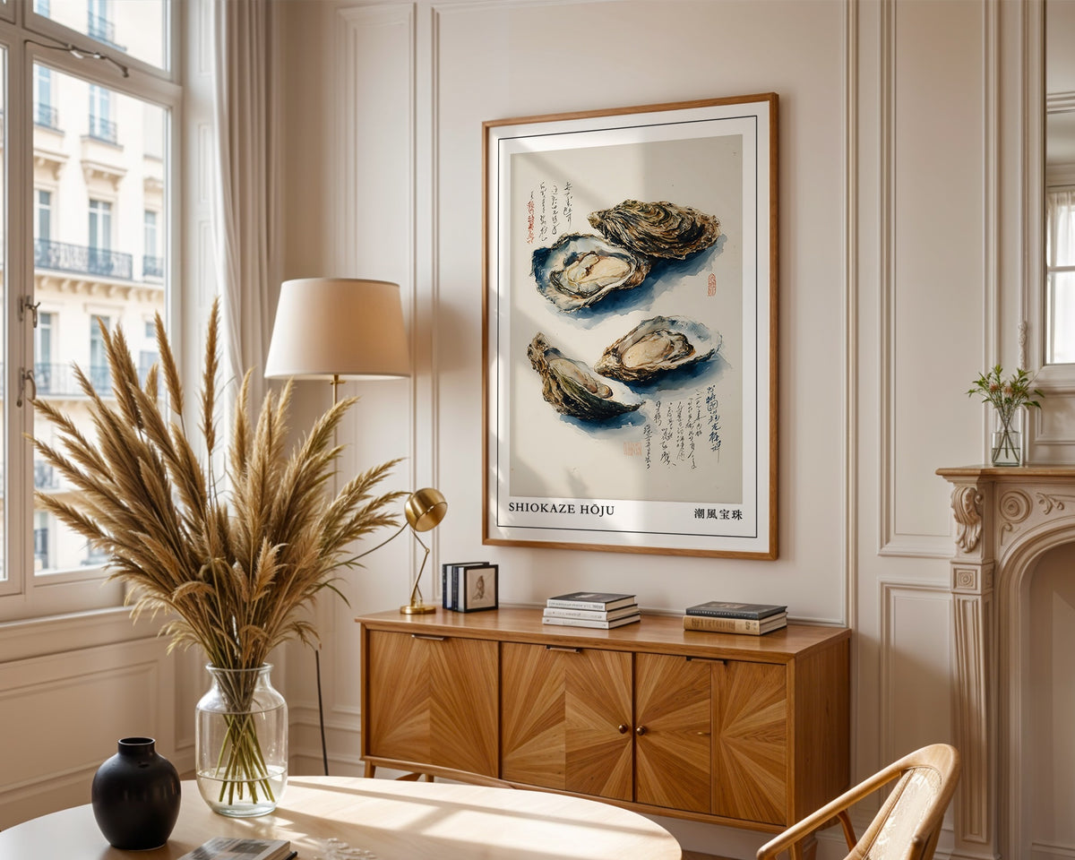 Sumi-e Oyster Print styled on a console, digital download mockup