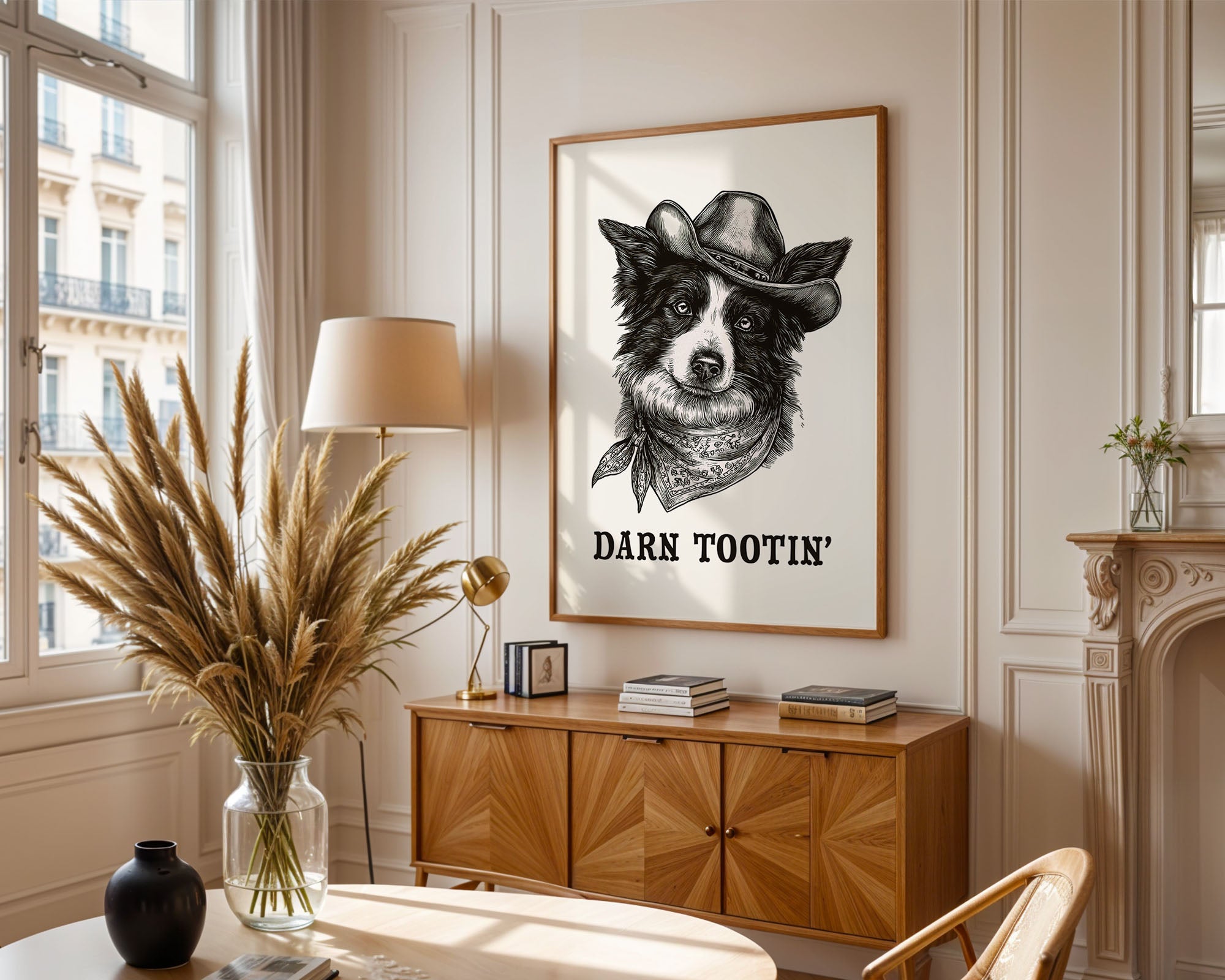 Cowboy Dog Print styled on a shelf, digital download mockup