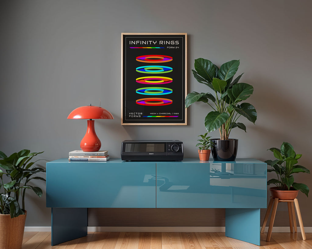 Neon Rings Print: Retro-Futuristic Abstract Wall Art