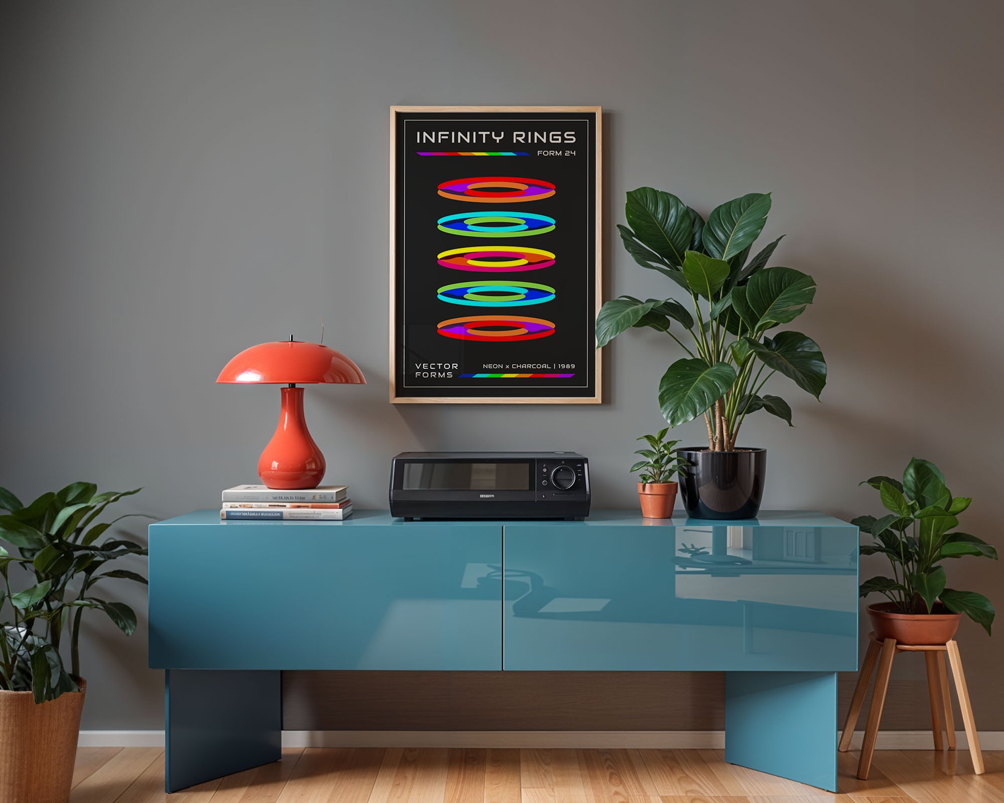 Neon Rings Print: Retro-Futuristic Abstract Wall Art