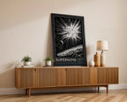 SN 1987A supernova wall art above a wooden sideboard