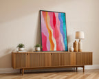 Rainbow waves modern colorful abstract art print framed on a wall