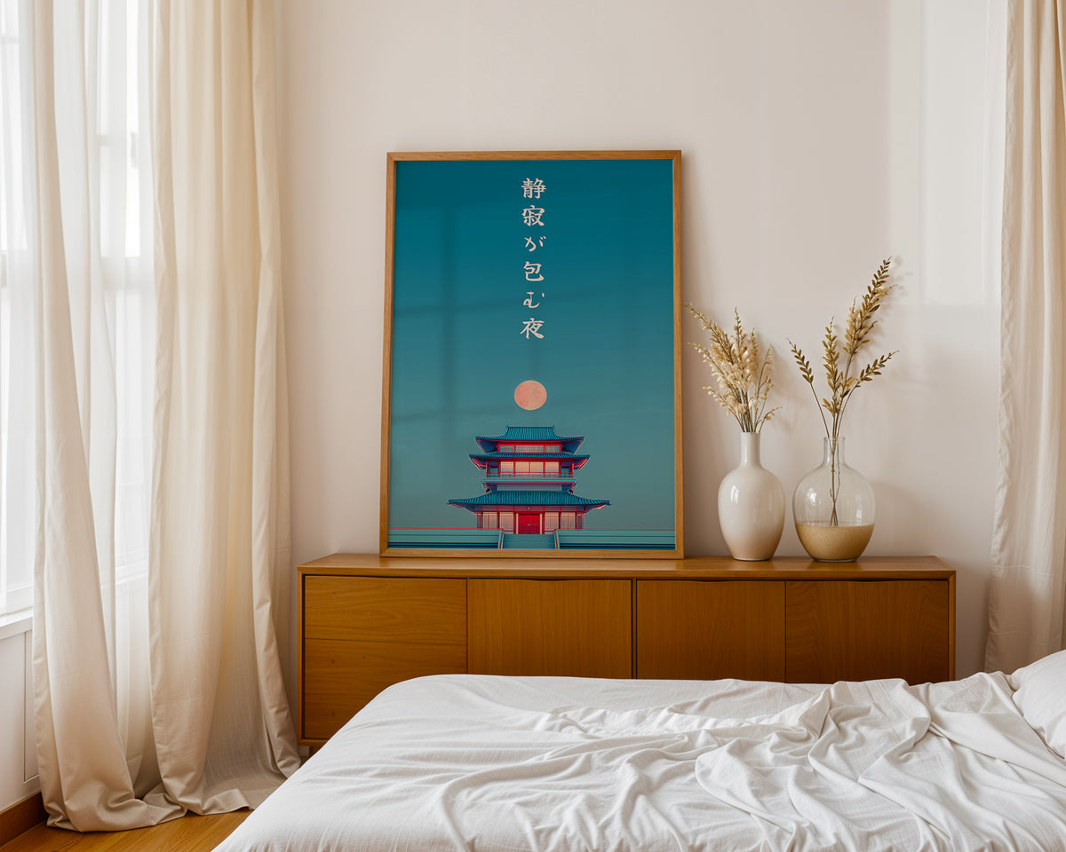 Japanese Zen Pagoda Print print shown at an angle to display the matte paper finish