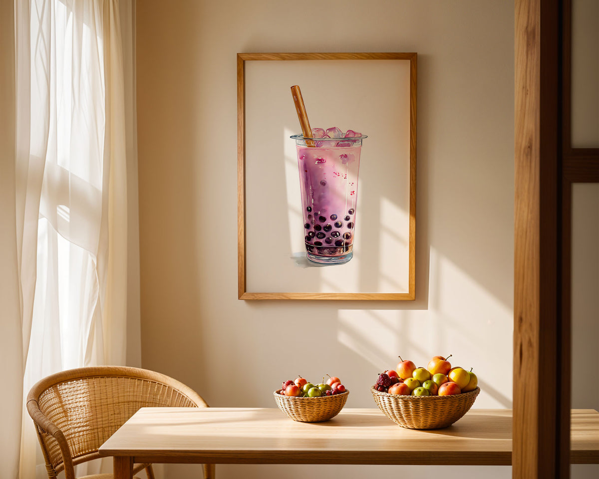 Boba Tea Print displayed in a dorm room or kitchen setting