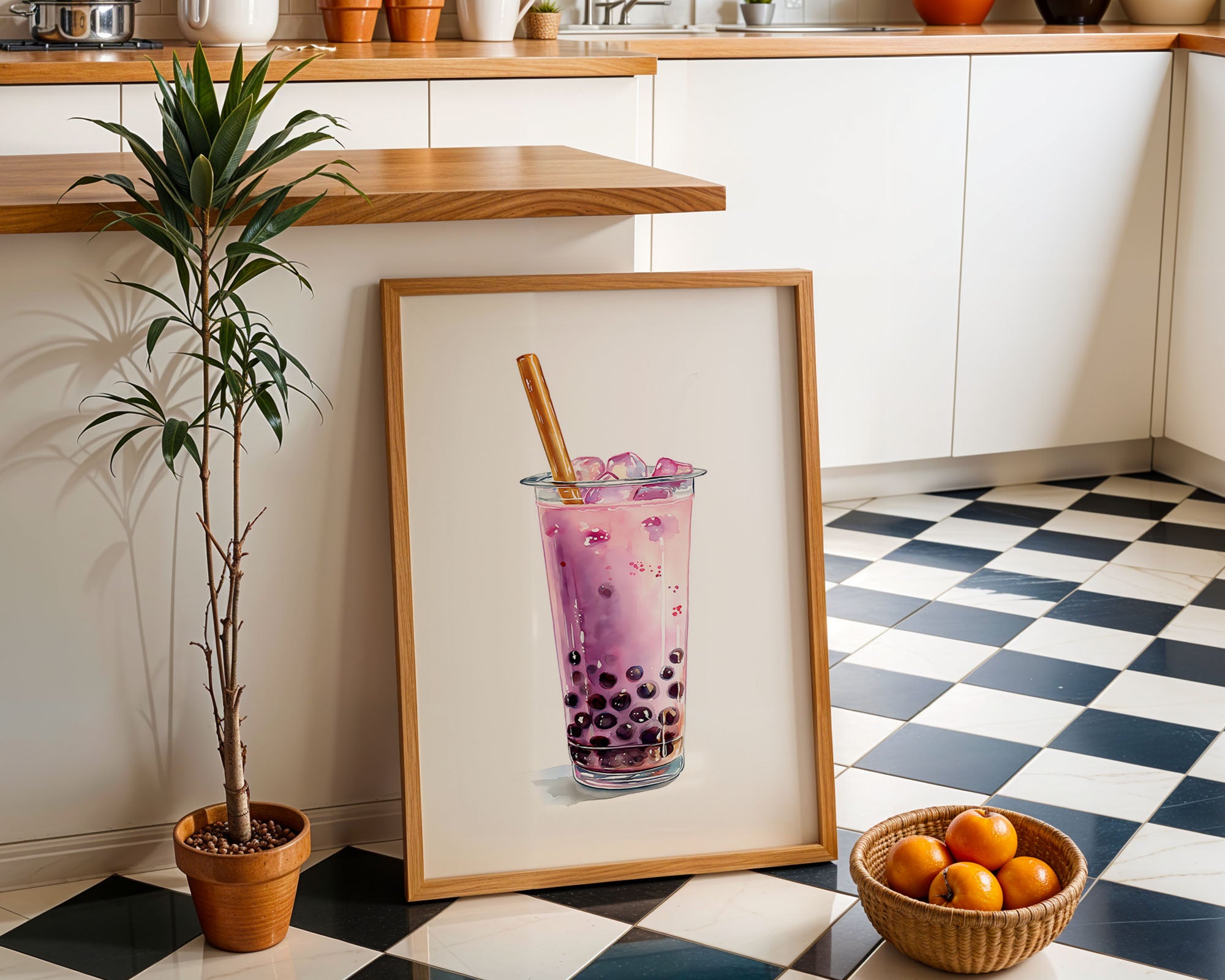 Boba Tea Print mockup in a furnished room