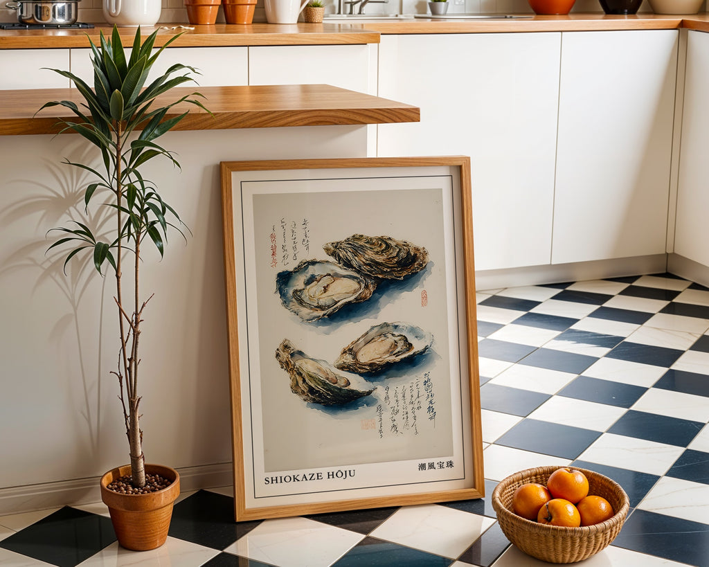 Sumi-e Oyster Print mockup in a furnished room