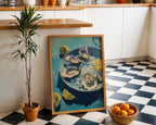 Oyster still life print styled on a black-and-white kitchen floor