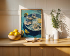Oyster still life print styled on a kitchen counter with lemons