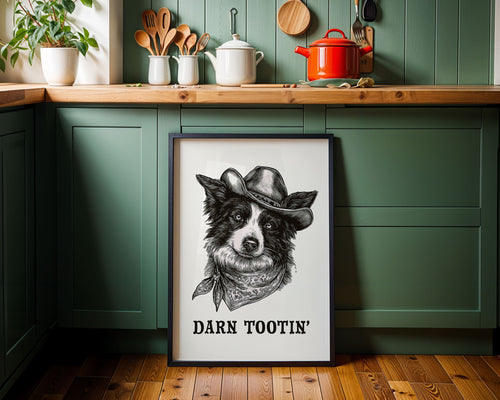 Cowboy Dog Print in a black frame, printable digital download