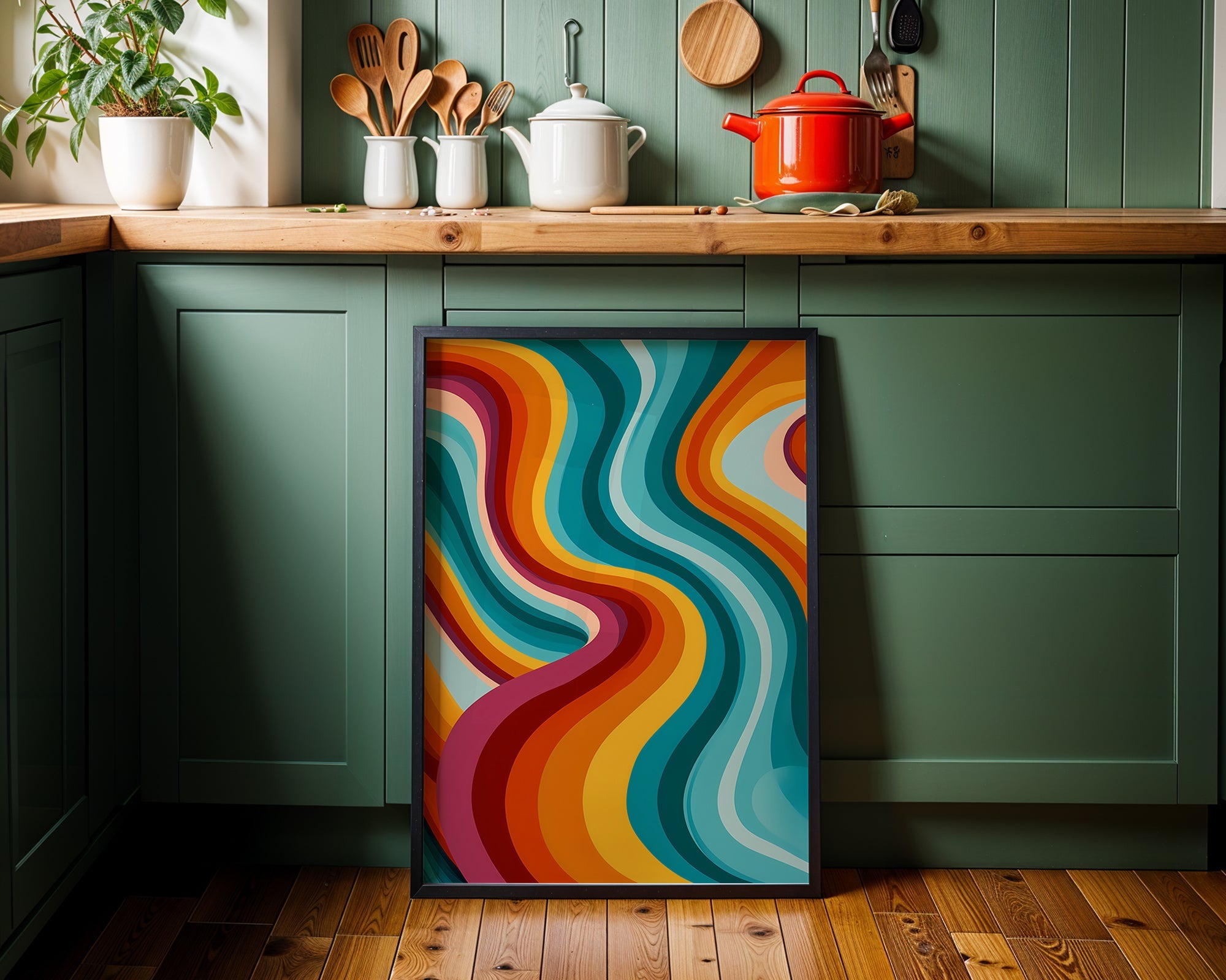 Groovy Retro Swirl Print — Digital Download in a black frame, printable digital download