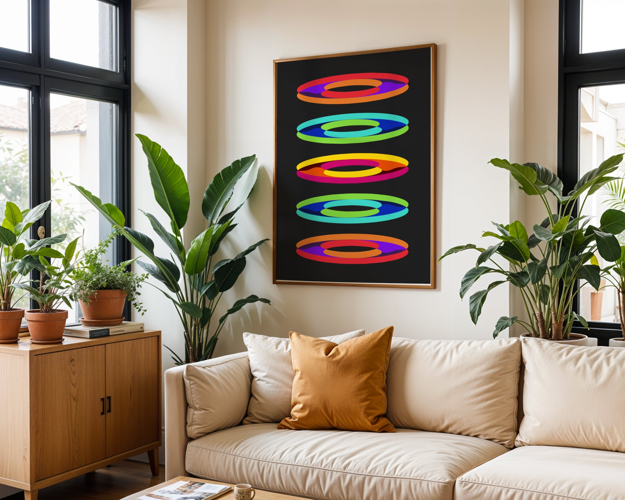 Retro Geometric Rings Print wall art in a home interior