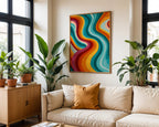 Groovy Retro Swirl Print — Digital Download displayed above furniture, printable wall art