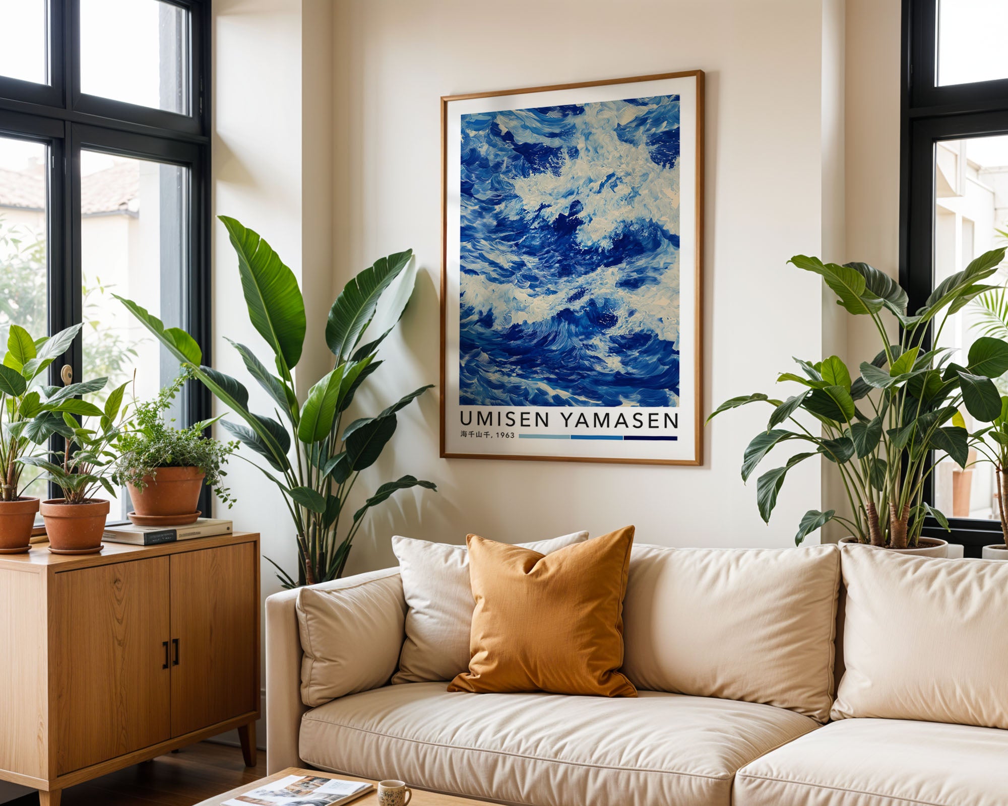 Japanese Wave Print print displayed in a styled room setting