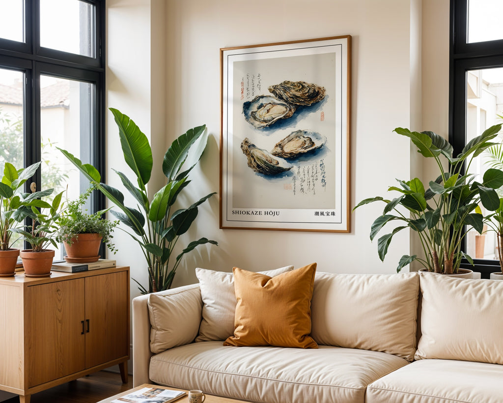 Sumi-e Oyster Print displayed above furniture, printable wall art