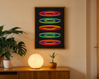 Retro Geometric Rings Print print shown at an angle to display the matte paper finish