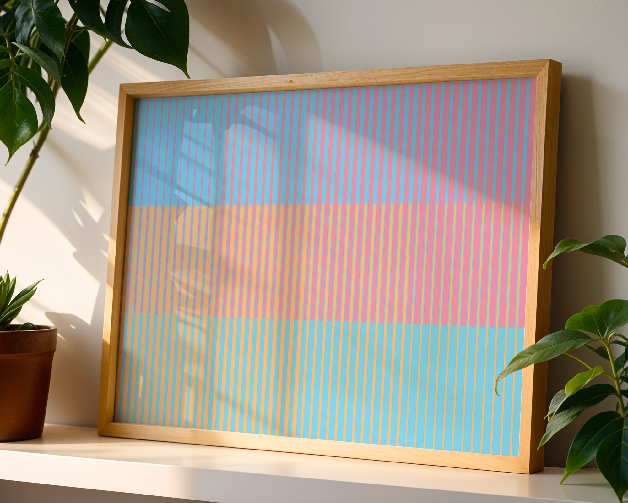 Pastel Stripe Print displayed above furniture, printable wall art
