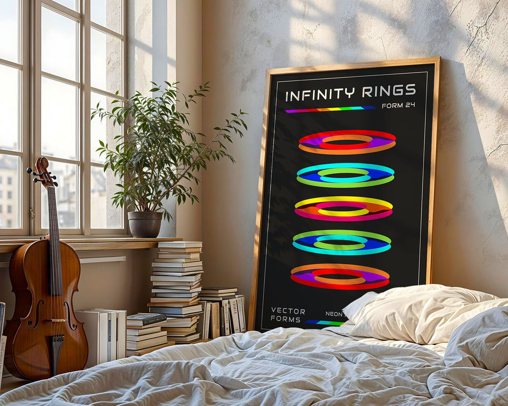 Neon rings retro-futuristic abstract art print framed on a wall