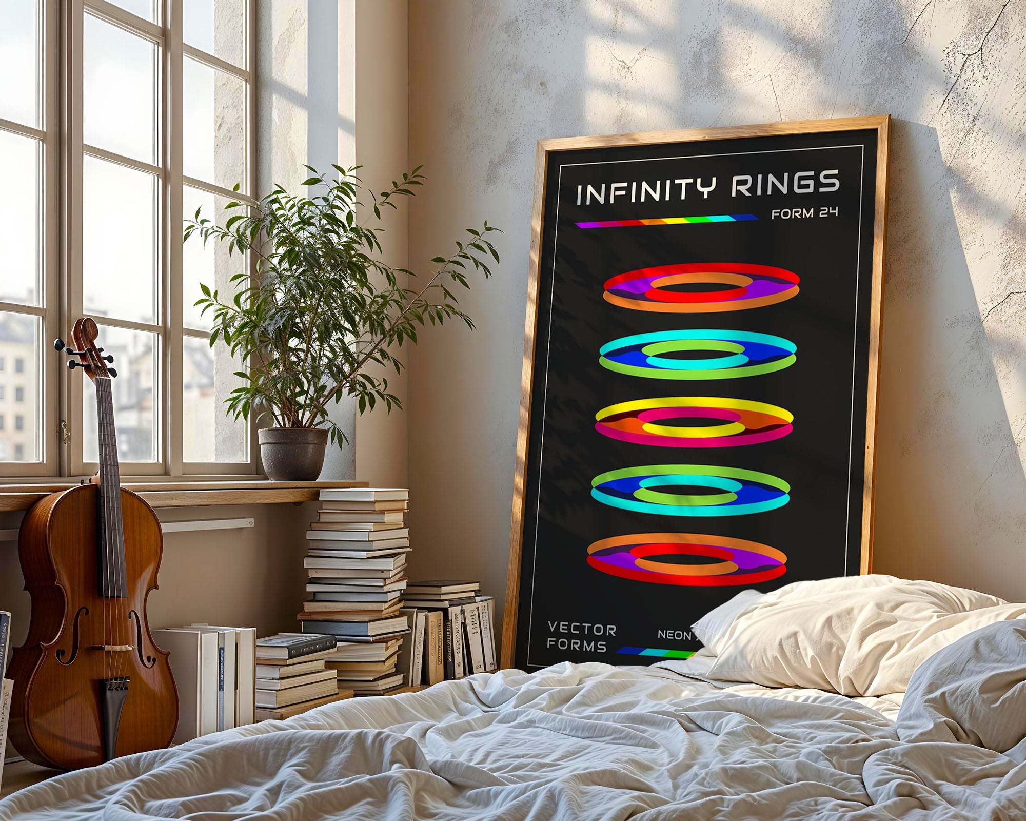 Neon rings retro-futuristic abstract art print framed on a wall