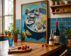 Oyster still life wall art in a blue-tiled dining space