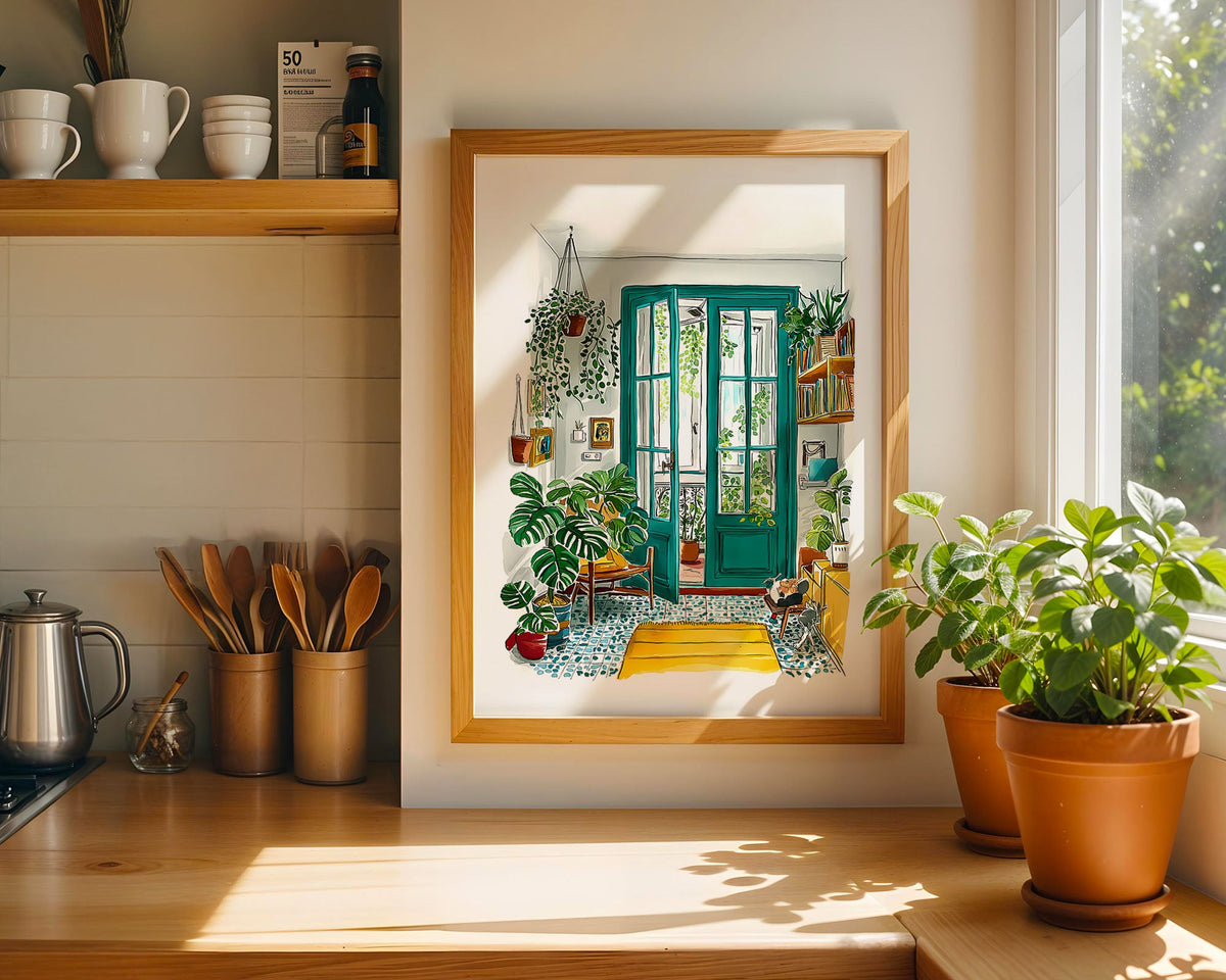 Cozy Greenhouse Print — Digital Download mockup in a furnished room