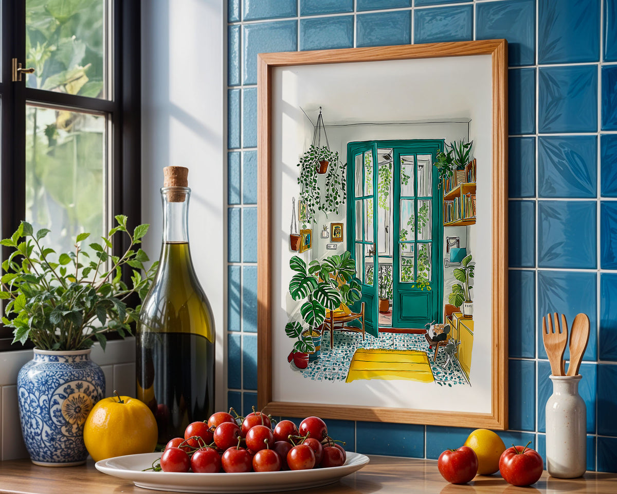 Cozy Greenhouse Print print displayed in a styled room setting