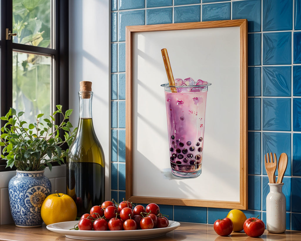 Boba Tea Print framed and leaning against a wall