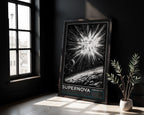 SN 1987A supernova print leaning in a dark room beside a window