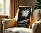 SN 1987A supernova remnant art print in black and white, framed on a wall