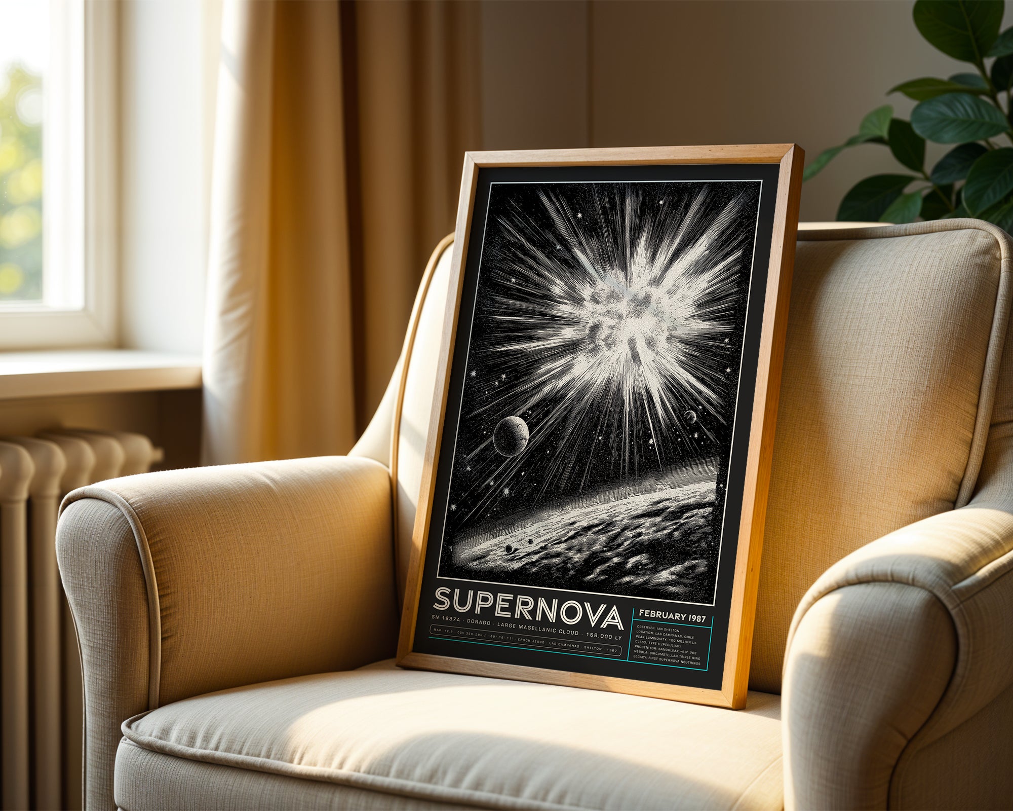 SN 1987A supernova remnant art print in black and white, framed on a wall
