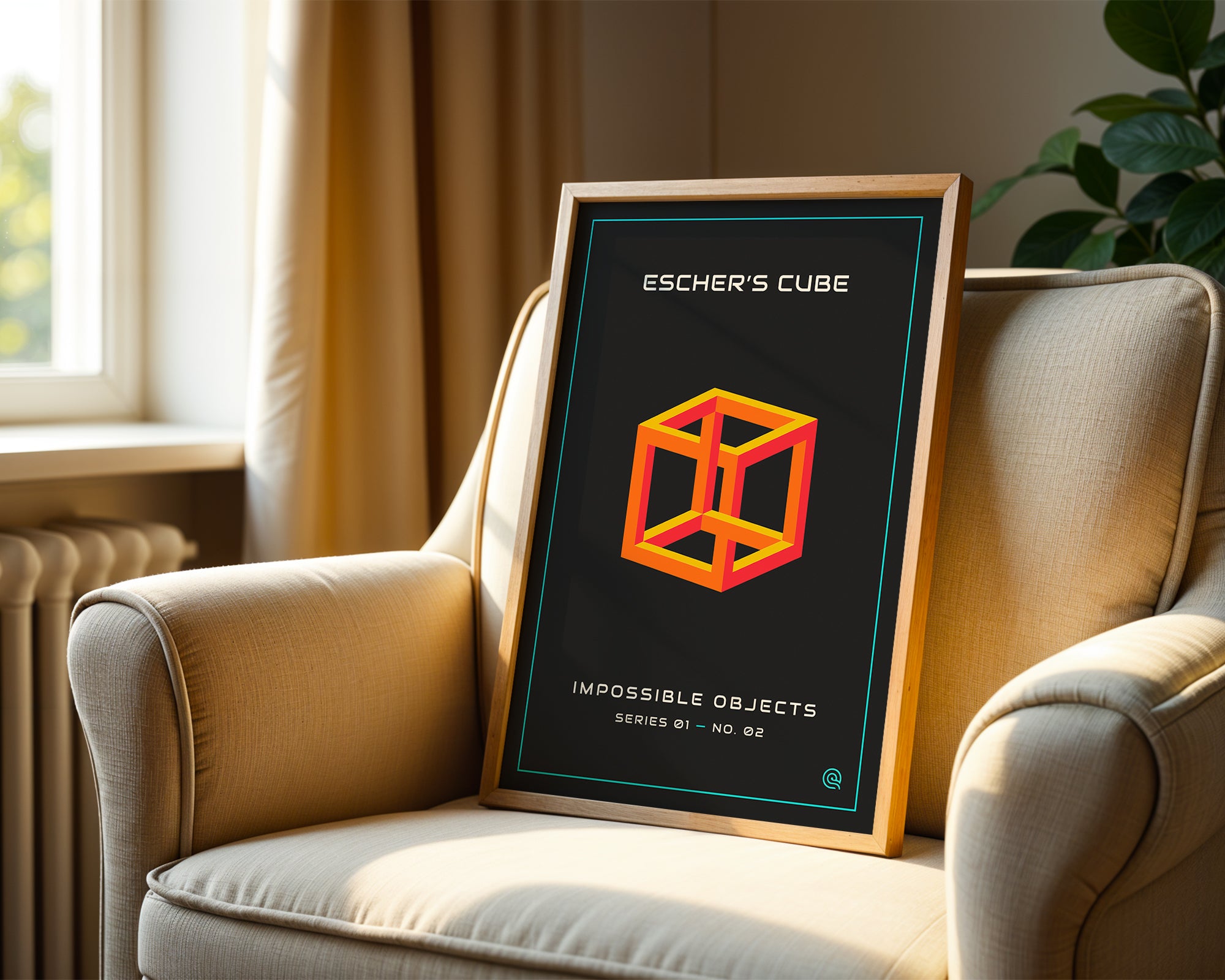 Escher impossible cube optical illusion art print framed on a wall