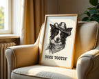 Cowboy Dog Print framed and leaning against a wall