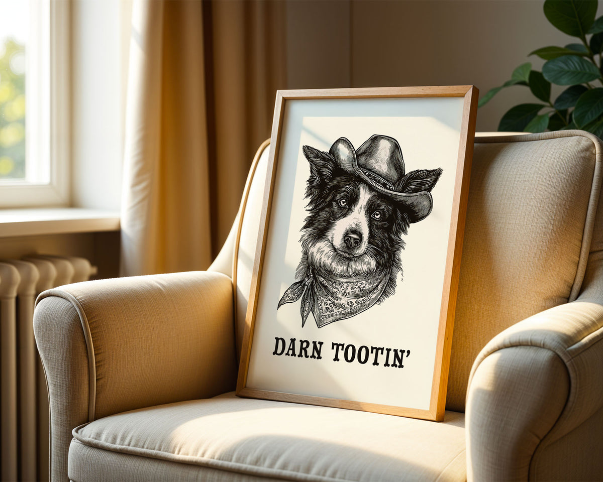 Cowboy Dog Print framed and leaning against a wall