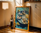Oyster still life print displayed with wine on a tiled kitchen floor