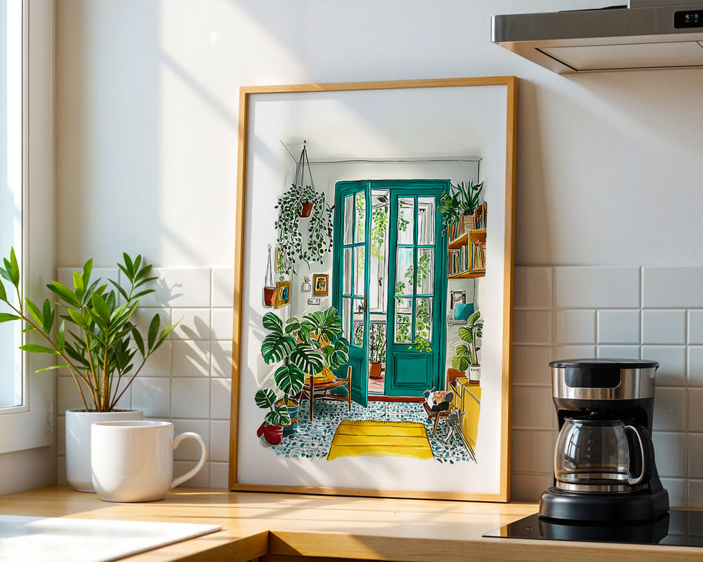 Cozy Greenhouse Print art print framed on a wall